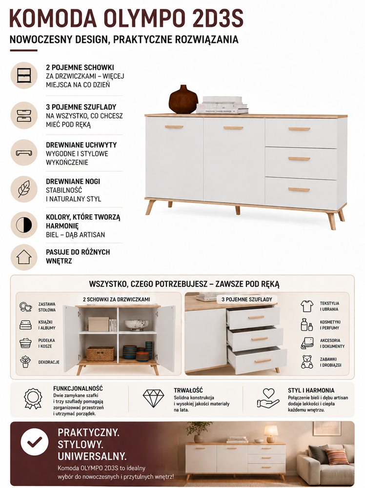 Dressoir OLYMPO 2D3S – 150 cm – Artisan eiken / Wit – 3 laden – 2 deuren