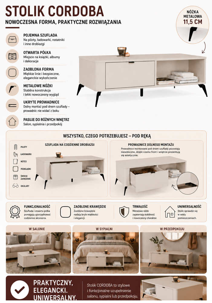 Tafel awa CORDOBA – Kasjmier beige – 2 laden – 2 planken