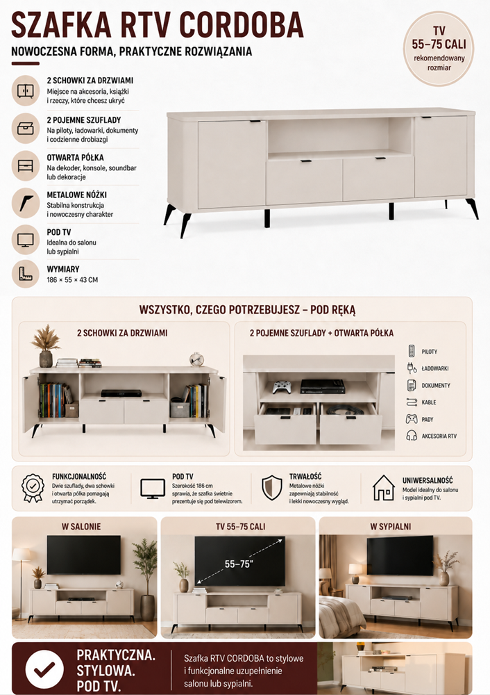 InfografikaStolikRTVCordobakaszmir TV-meubel CORDOBA 2D2S – Kasjmier beige – 2 laden