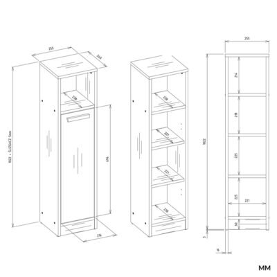 MEXY1DSzafkaLazienkowaWYMIARY Badkamerkast MEXY 1D – 1 deur – 4 planken