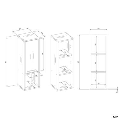 MEXYW1DWymiary Badkamerkast MEXY W1D – 1 deur – 3 planken – hangend