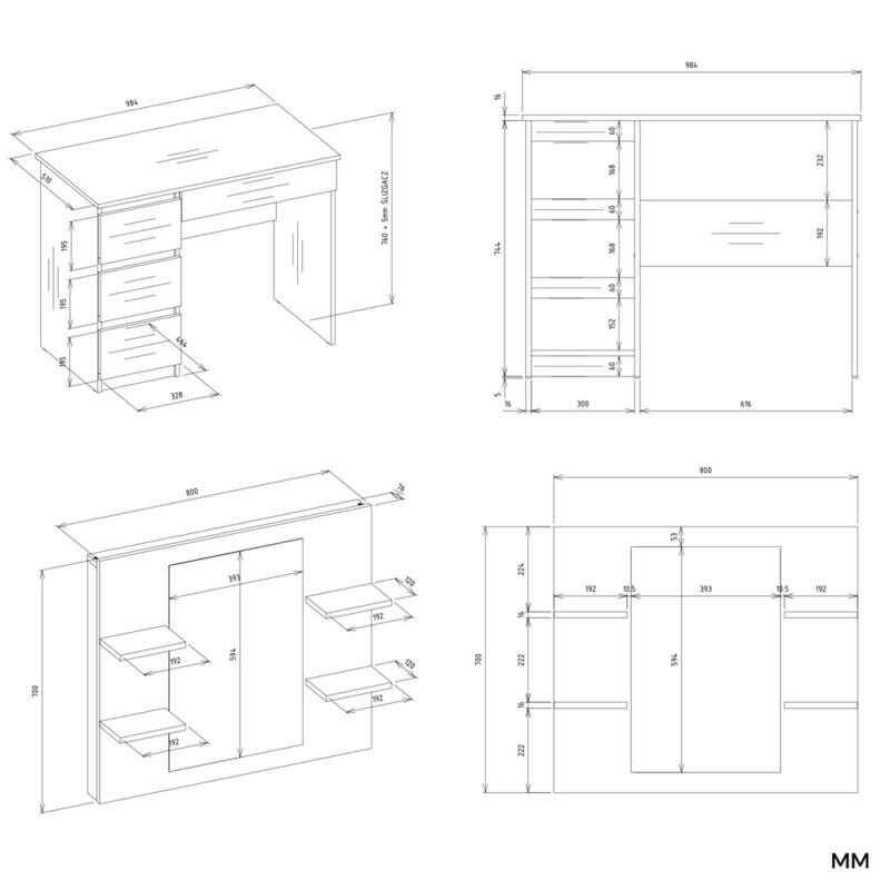 Kaptafel MARINA 4P – Wit – 4 laden – 4 planken – links – met spiegel