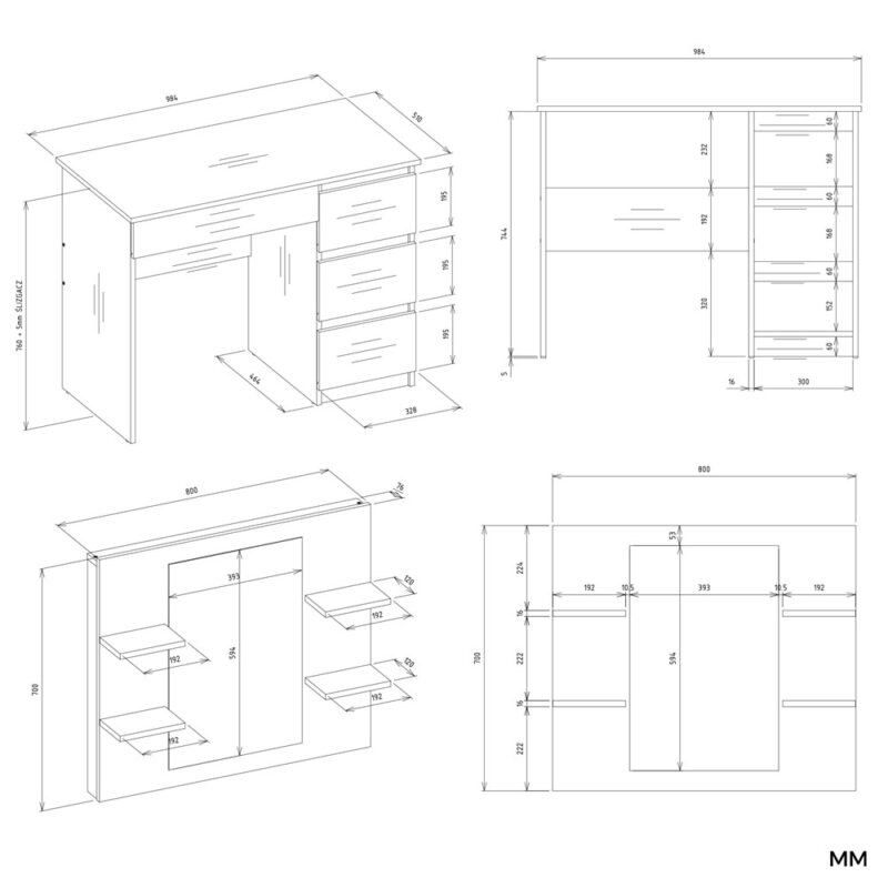 MIJASPMARINA4PWymiary Kaptafel MARINA 4P – Wit – 4 laden – 4 planken – rechts – met spiegel