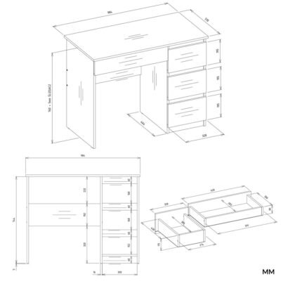 Bureau MIJAS – Mat wit / Wit – 4 laden – 4 planken – rechts – met opzetstuk
