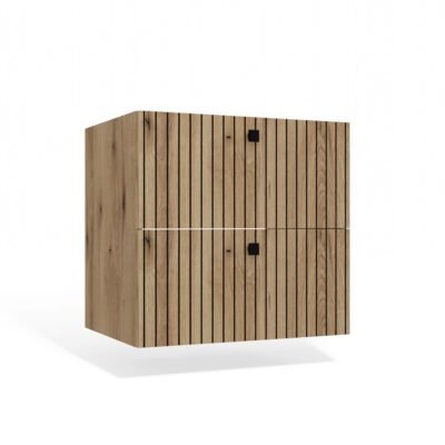 MINI Wastafelmeubel TIGO 60 2S – Evoke eiken – 2 laden – hangend – geribbeld front – met wastafel