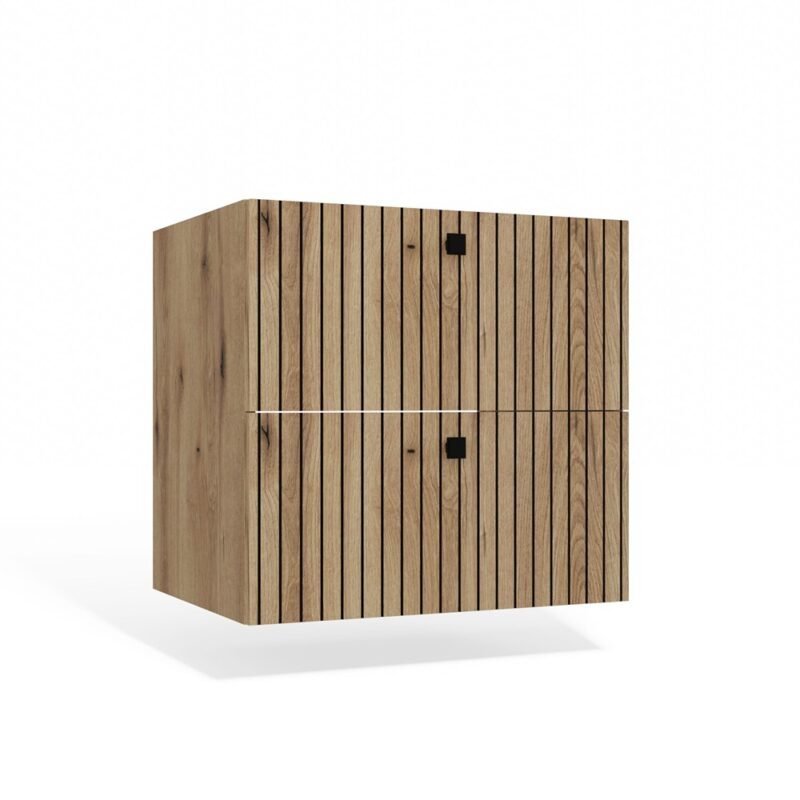 Wastafelmeubel TIGO 60 2S – Evoke eiken – 2 laden – hangend – geribbeld front – met wastafel