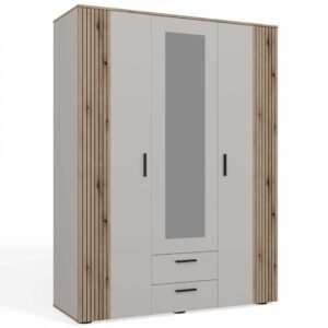 Kledingkast AVA 150 – 150 cm – Evoke eiken / Kasjmier beige – 2 laden – met spiegel – geribbeld front