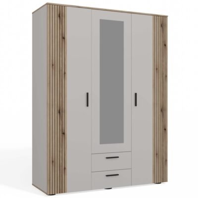 MINIATURKA Kledingkast AVA 150 – 150 cm – Evoke eiken / Kasjmier beige – 2 laden – met spiegel – geribbeld front