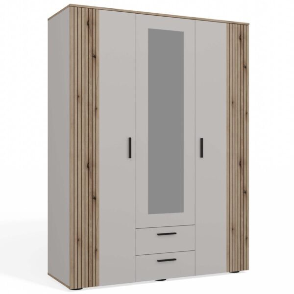 Kledingkast AVA 150 – 150 cm – Evoke eiken / Kasjmier beige – 2 laden – met spiegel – geribbeld front