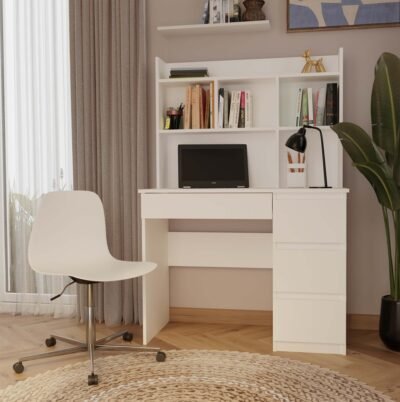 Bureau MIJAS – Mat wit / Wit – 4 laden – 4 planken – rechts – met opzetstuk