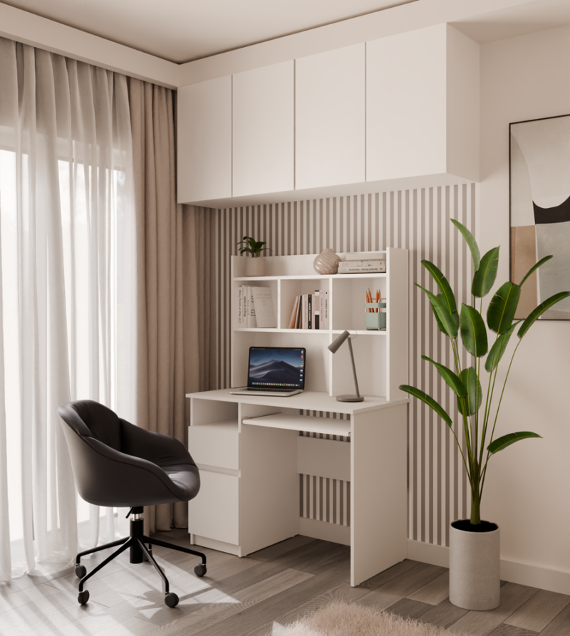 NADSTAWKADOBIURKA100CM1 Bureau PORTO – Mat wit / Wit – links – met opzetstuk