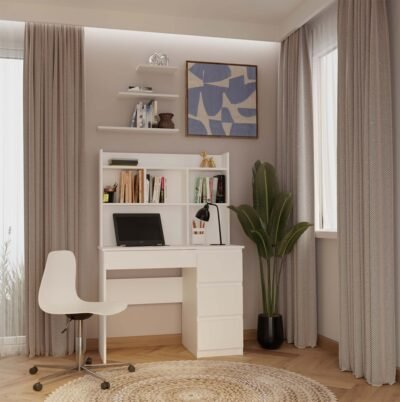 Bureau MIJAS – Mat wit / Wit – 4 laden – 4 planken – rechts – met opzetstuk