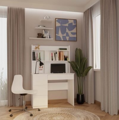 NADSTAWKADOBIURKA100CM2 Bureau MIJAS – Mat wit / Wit – 4 laden – 4 planken – links – met opzetstuk
