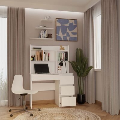 Bureau MIJAS – Mat wit / Wit – 4 laden – 4 planken – rechts – met opzetstuk