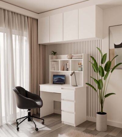 NADSTAWKADOBIURKA100CM5 Bureau MIJAS – Mat wit / Wit – 4 laden – 4 planken – links – met opzetstuk