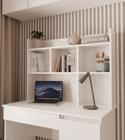 Bureau MIJAS – Mat wit / Wit – 4 laden – 4 planken – rechts – met opzetstuk
