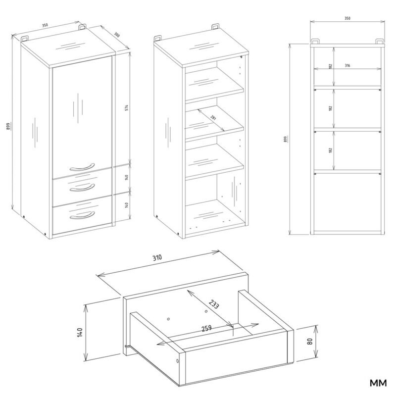 Badkamerkast NINA W1D2S – 2 laden – hangend