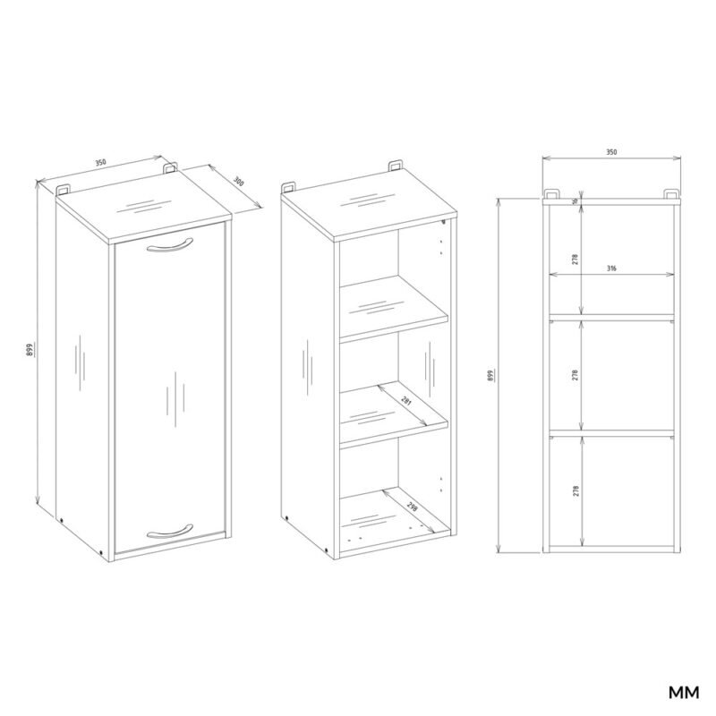 NINAW1DWymiary Badkamerkast NINA W1D – 1 deur – 3 planken – hangend