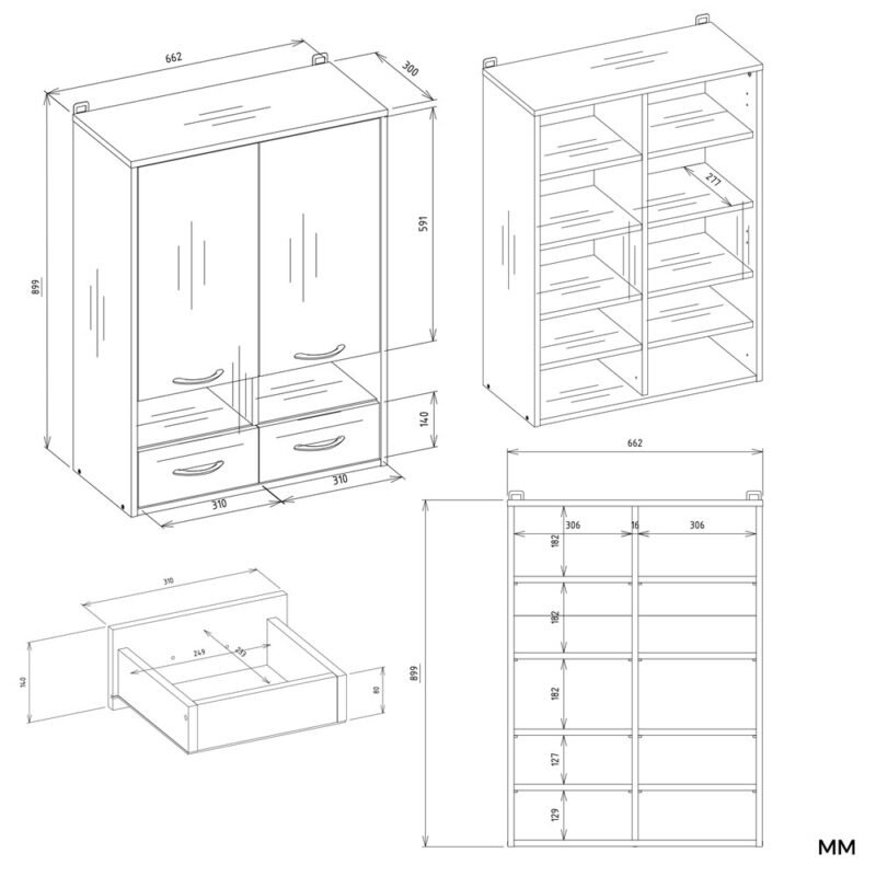 NINAW2D2P2SWymiary Badkamerkast NINA W2D2P2S – 2 laden – 2 deuren – 8 planken – hangend