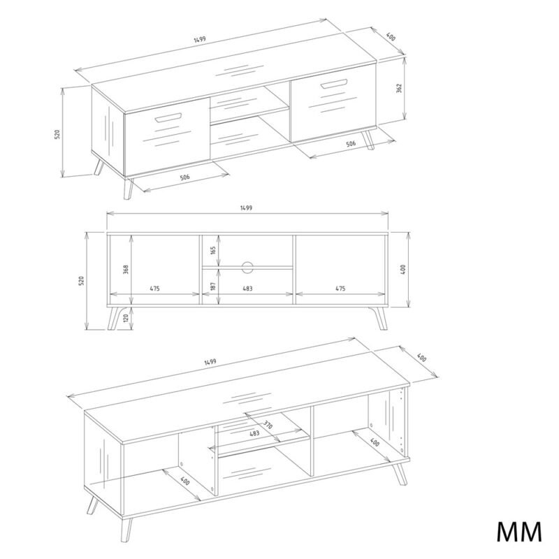 OLYMPO150Wymiary TV-meubel OLYMPO 150 – 150 cm – Artisan eiken / Wit