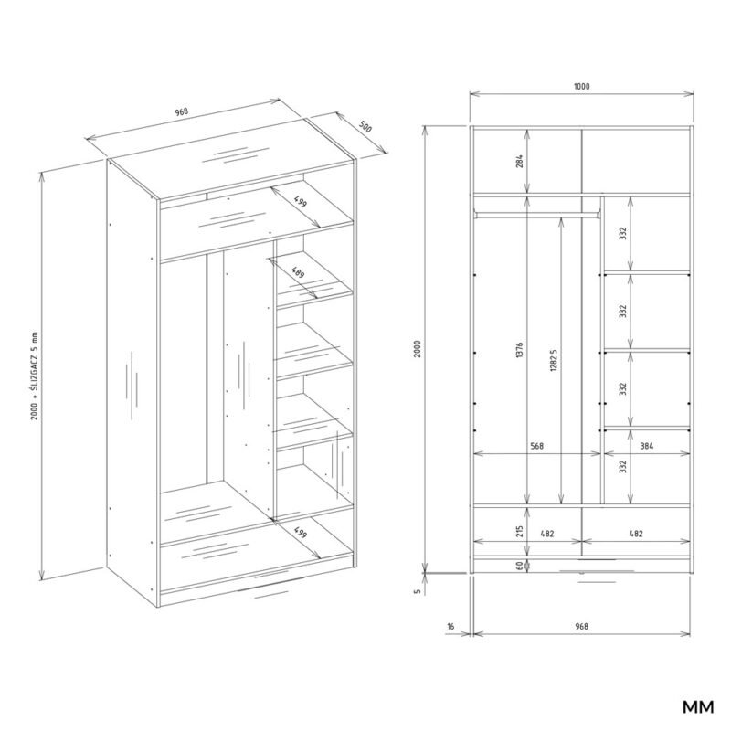 OPENO1W6PWymiary Garderobemeubel OPENO 1W6P – Wit