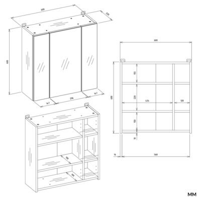 POLA3LWymiary Badkamerkast POLA 3L – Wit – 3 deuren – hangend