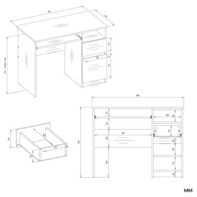 Bureau Komputerowe PORTO – 98,5 × 75 × 51 cm – rechts