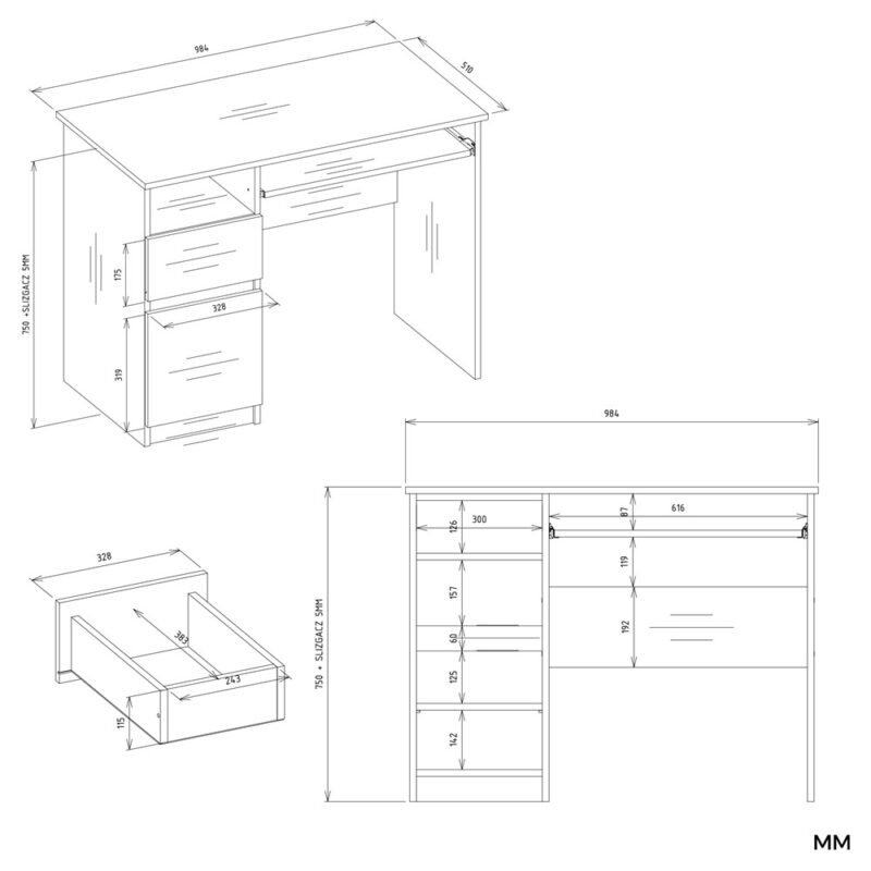 Bureau Komputerowe PORTO – 98,5 × 75 × 51 cm – links