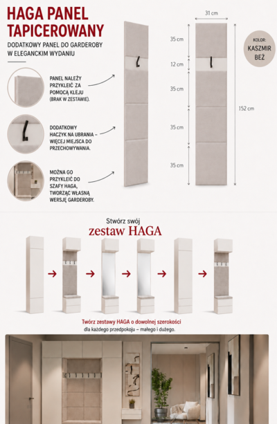 Garderobemeubel HAGA – Kasjmier beige – met beklede zitting