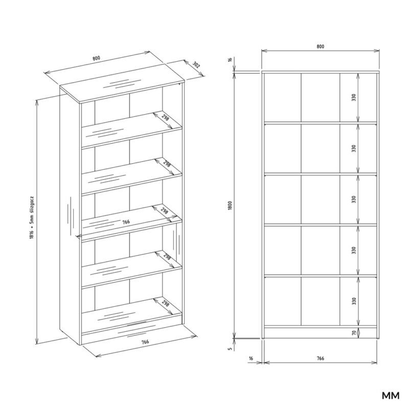 R80Wymiary Rek R80 – Artisan eiken / Zwart – 5 planken