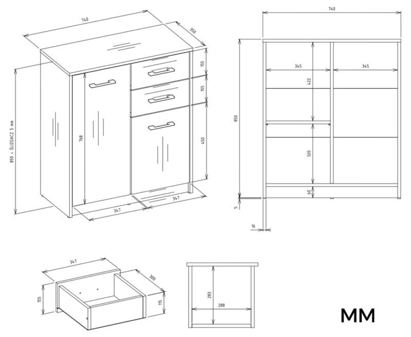 Dressoir SIMPLO 2D2S – Artisan eiken / Antraciet – 2 laden – 2 deuren