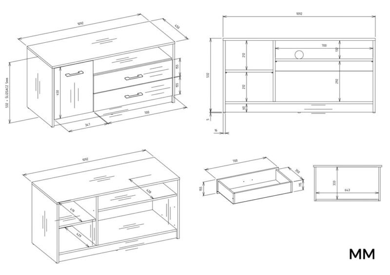 SIMPLORTV1D2SWymiary TV-meubel SIMPLO 1D2S Stolik TV – Artisan eiken / Antraciet – 2 laden – 1 deur