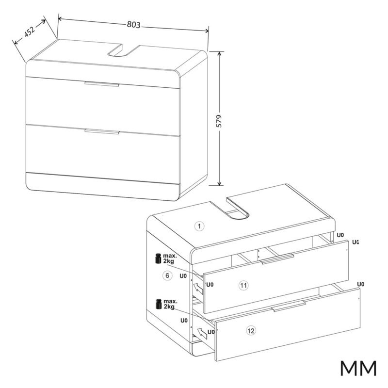 TERRA802SWymiary Wastafelmeubel TERRA 80 2S – 80 × 58 × 45 cm – Kasjmier – 2 laden – hangend – met wastafel