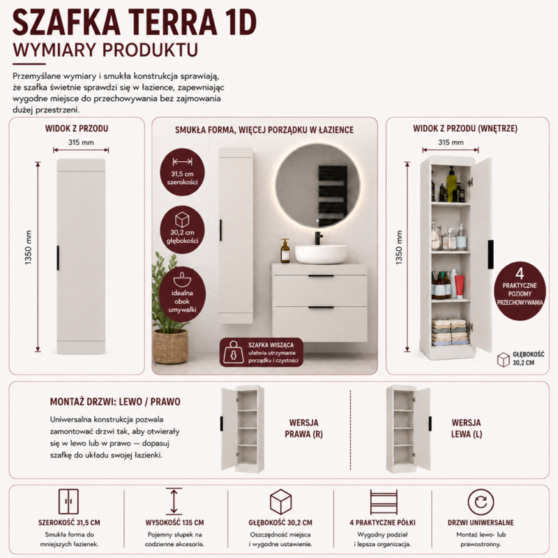 Terra1DInfografika Badkamerkast TERRA 1D – Kasjmier beige – 4 planken – hangend