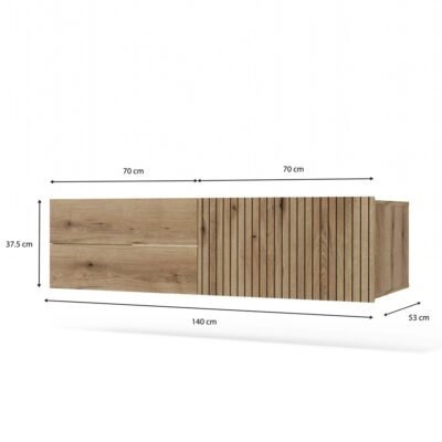 WYMIARY Wastafelmeubel TIGO 1D2S – 140 cm – Evoke eiken – 2 laden – hangend – geribbeld front – met wastafel
