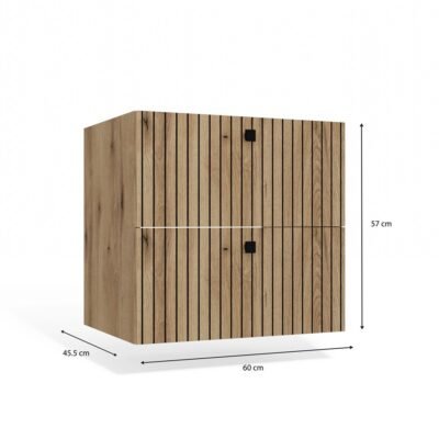 WYMIARY2 Wastafelmeubel TIGO 60 2S – Evoke eiken – 2 laden – hangend – geribbeld front – met wastafel