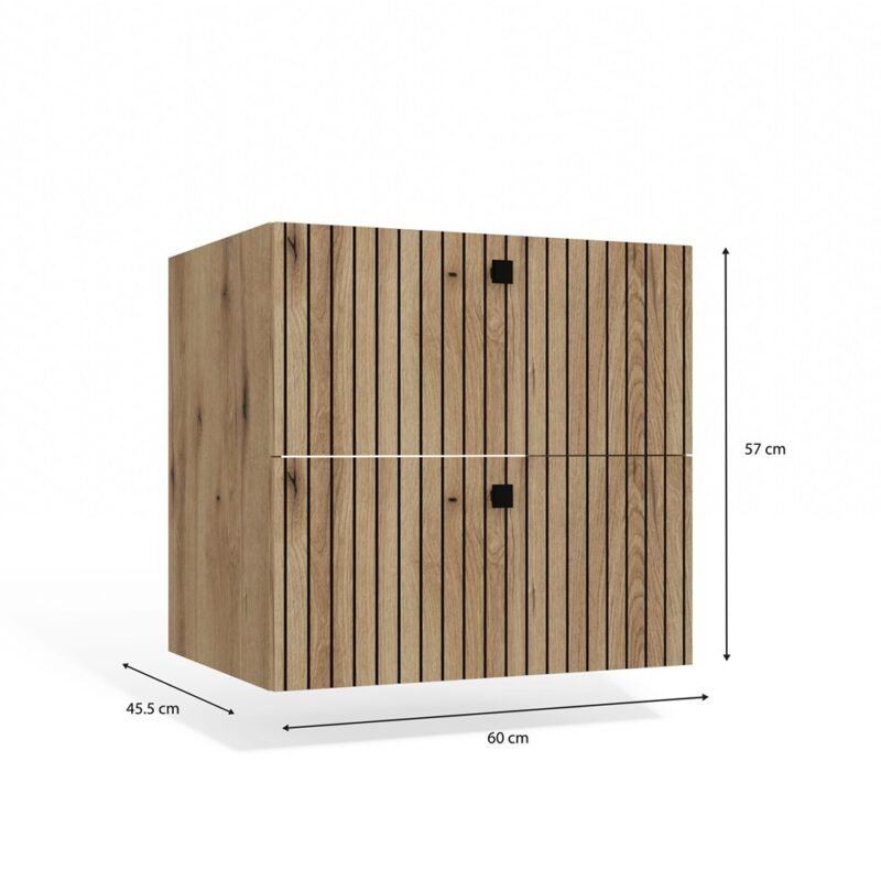 Wastafelmeubel TIGO 60 2S – Evoke eiken – 2 laden – hangend – geribbeld front – met wastafel