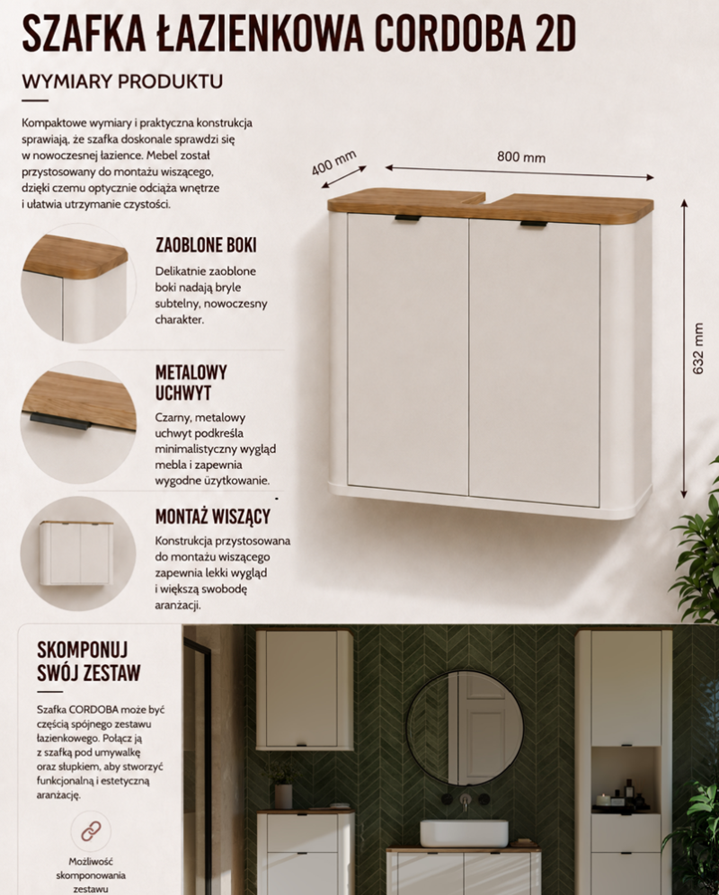 Wastafelmeubel CORDOBA 2D – Castello eiken / Kasjmier – hangend – met wastafel