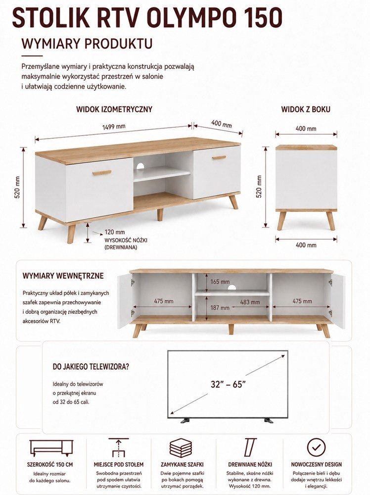 WymiaryOlympo150 TV-meubel OLYMPO 150 – 150 cm – Artisan eiken / Wit
