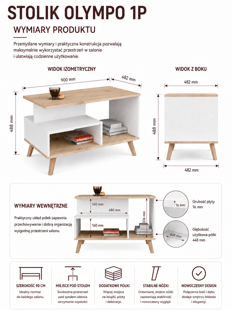 Tafel OLYMPO 1P – 90 × 49 × 48 cm – Artisan eiken / Wit