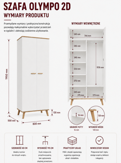 WymiaryOlympo2D Kledingkast Ubraniowa OLYMPO 2D – 80 cm – Artisan eiken / Wit – 2 deuren