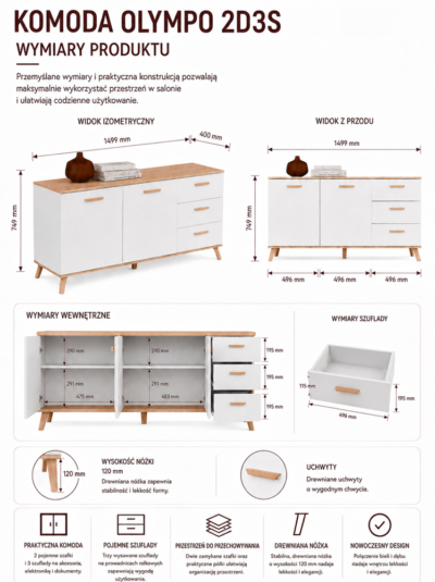 WymiaryOlympo2D3S Dressoir OLYMPO 2D3S – 150 cm – Artisan eiken / Wit – 3 laden – 2 deuren