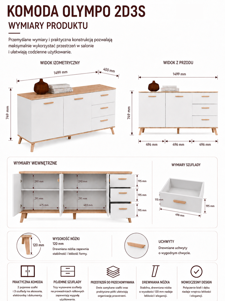 Dressoir OLYMPO 2D3S – 150 cm – Artisan eiken / Wit – 3 laden – 2 deuren