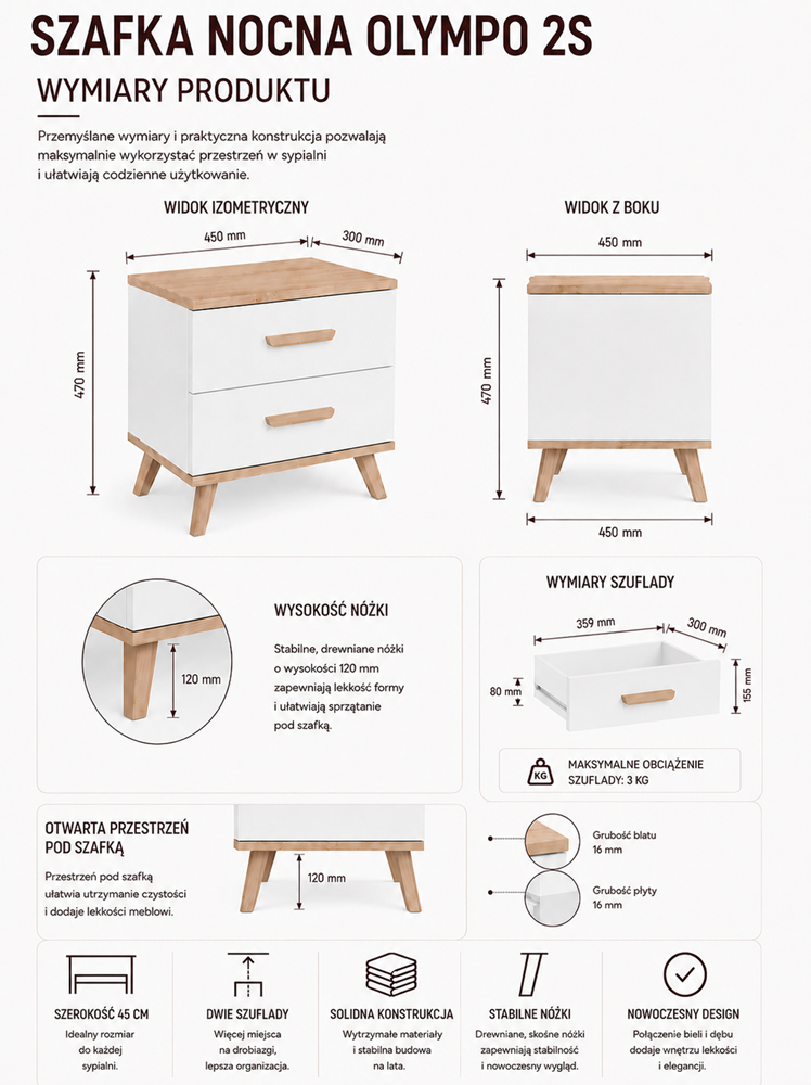 Nachtkastje OLYMPO 2S – Artisan eiken / Wit – 2 laden