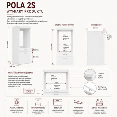 WymiaryPOLA2SBIEL-aigen Wasmachinekast POLA 2S – 2 laden – met opbergruimte