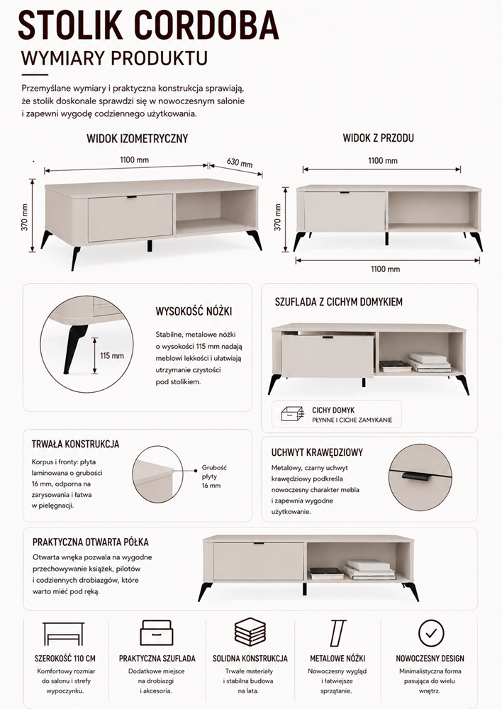 Tafel awa CORDOBA – Kasjmier beige – 2 laden – 2 planken