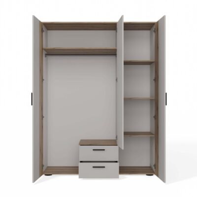 ava1 Kledingkast AVA 150 – 150 cm – Evoke eiken / Kasjmier beige – 2 laden – met spiegel – geribbeld front