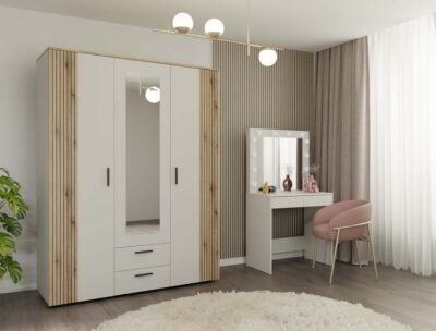 ava11 Kledingkast AVA 150 – 150 cm – Evoke eiken / Kasjmier beige – 2 laden – met spiegel – geribbeld front