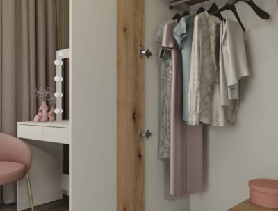 ava12 Kledingkast AVA 150 – 150 cm – Evoke eiken / Kasjmier beige – 2 laden – met spiegel – geribbeld front