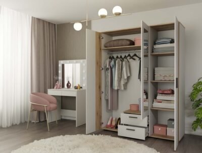 ava13 Kledingkast AVA 150 – 150 cm – Evoke eiken / Kasjmier beige – 2 laden – met spiegel – geribbeld front